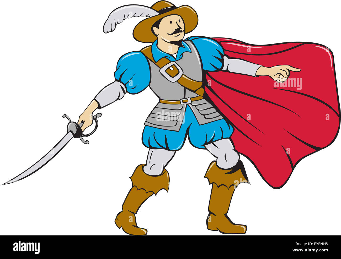 Cartoon style illustration of a musketeer wearing cape holding saber pointing viewed from front on isolated white background. Stock Photo