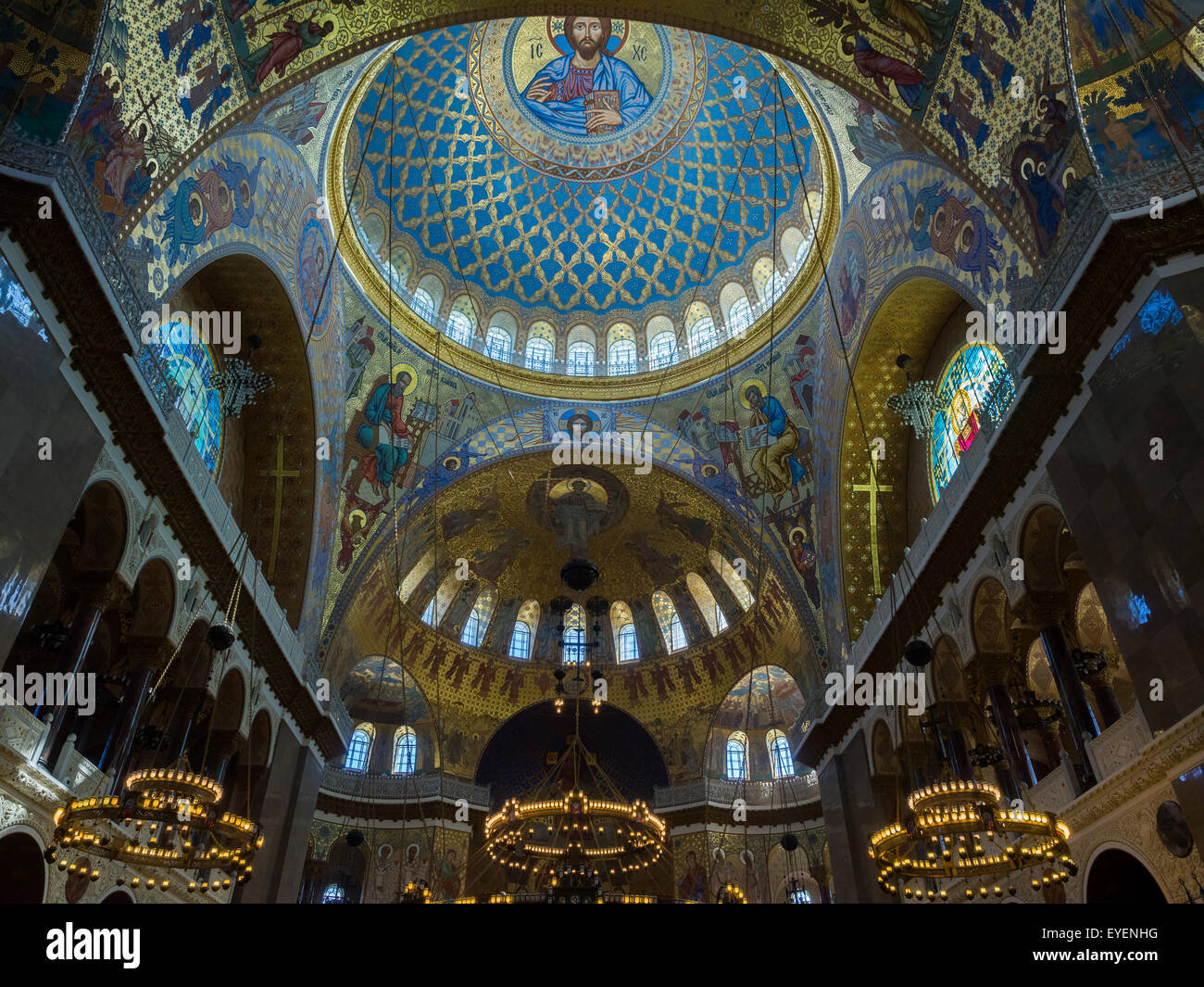 KRONSTADT, RUSSIA - July 21, 2015: Interior Neo-Byzantine decoration of the Naval Russian Orthodox Cathedral of Saint Nicholas. Stock Photo
