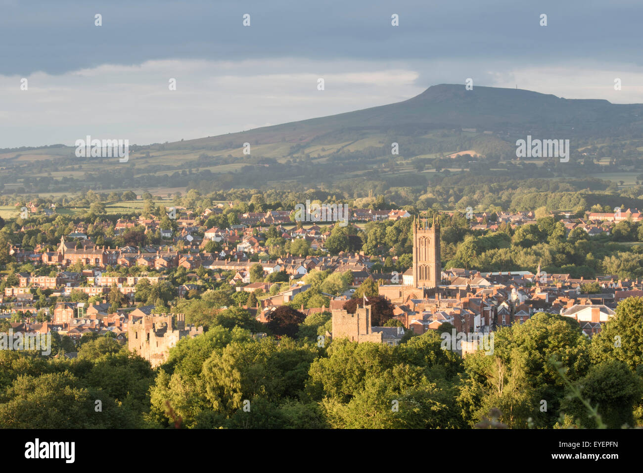 Evening light over Ludlow and the distant Titterstone Clee Hill, Ludlow