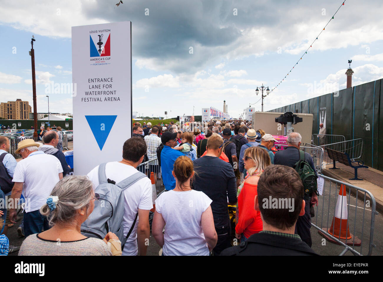 Crowds queue for entry to watch the Americas Cup races off Portsmouth on Saturday 25 July 2015 Stock Photo