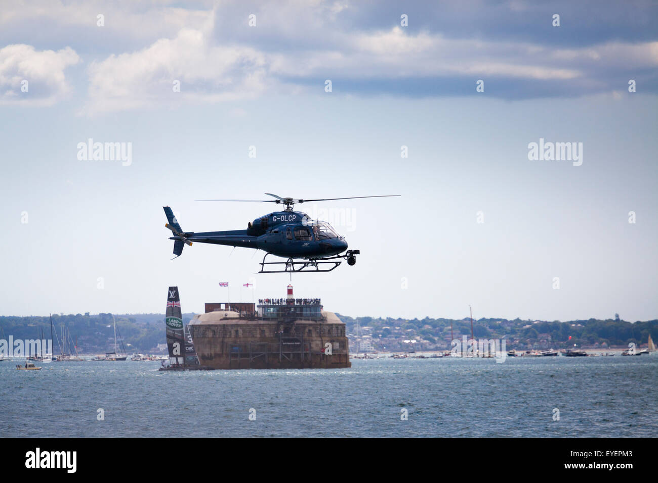 Media helicoptor with external camera off Southsea beach with Spitbank fort Stock Photo