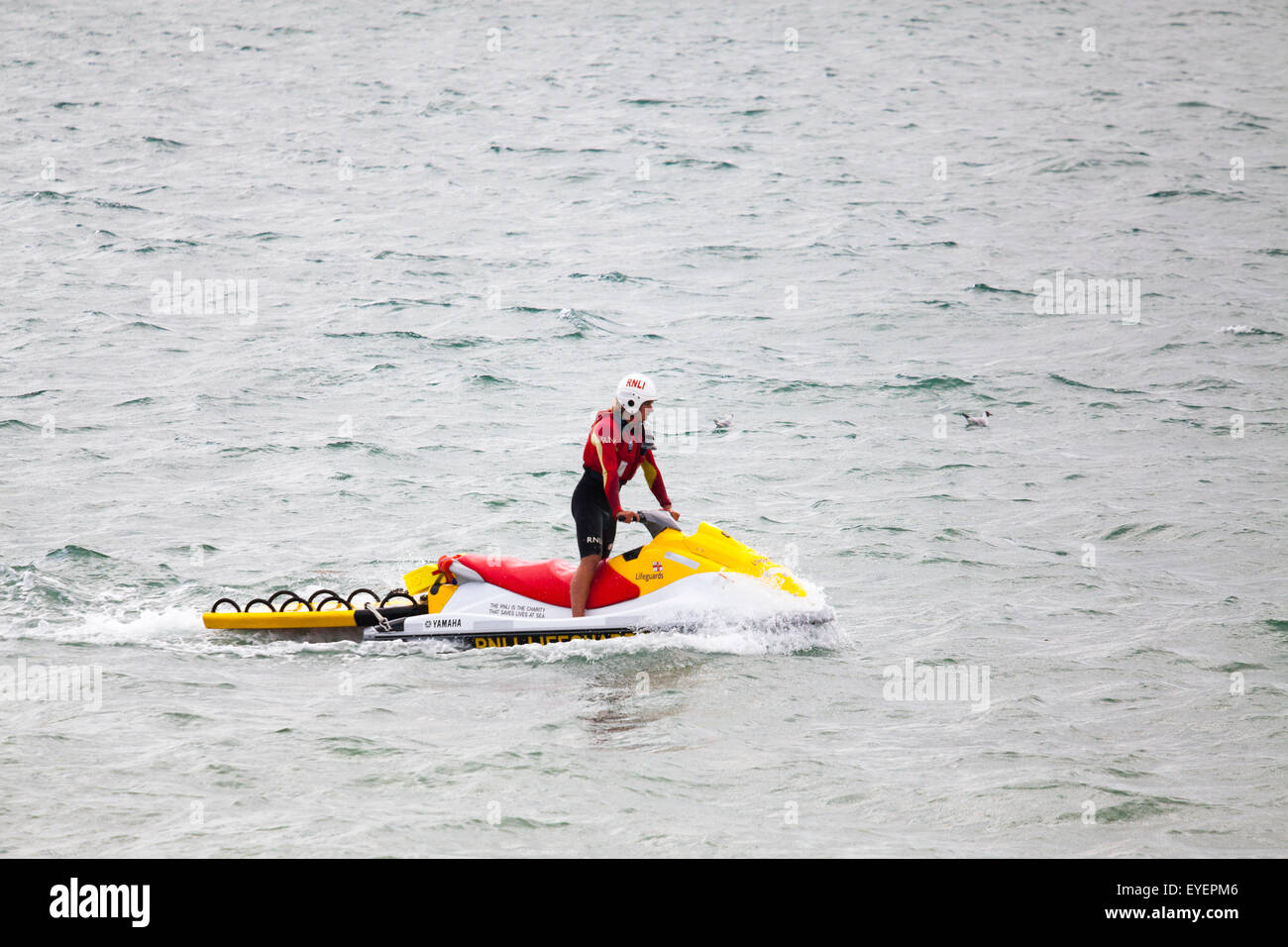 Lifeguard patrols off beach on a jet ski water scooter with grab platform Stock Photo
