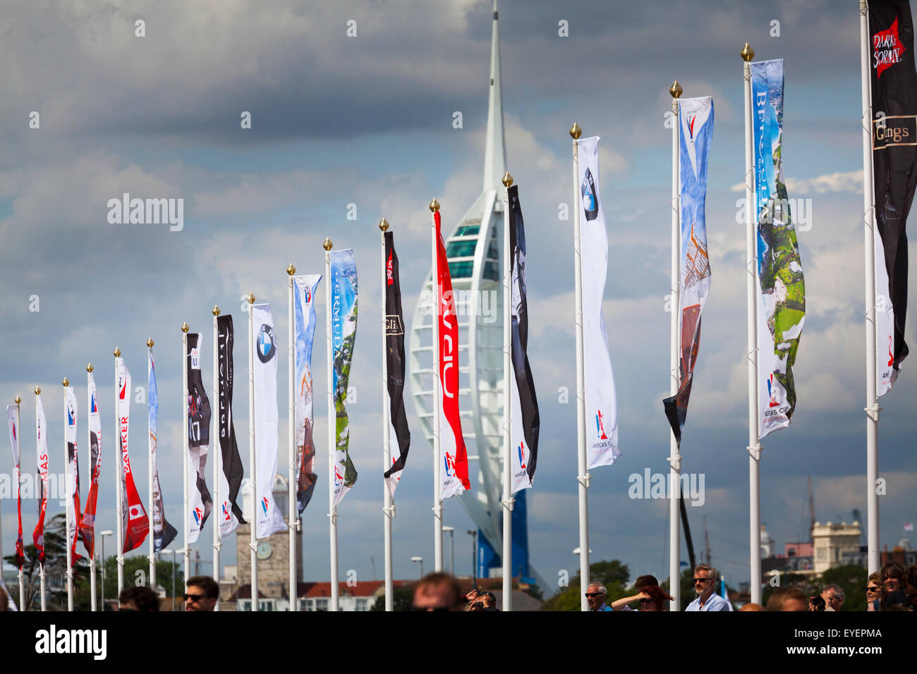Flags at the Admirals Cup races off Portsmouth with spinnaker tower Stock Photo
