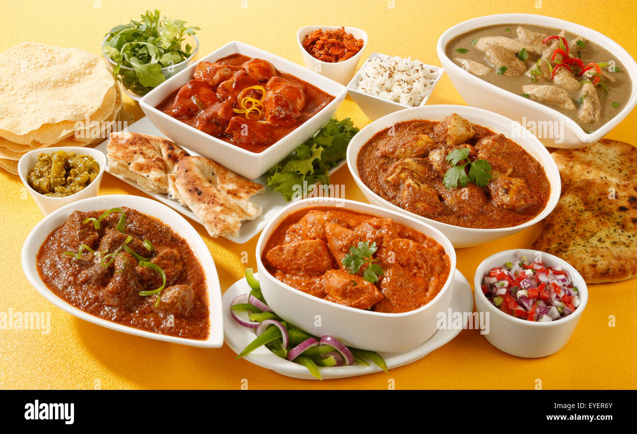 SELECTION OF INDIAN CURRY DISHES Stock Photo