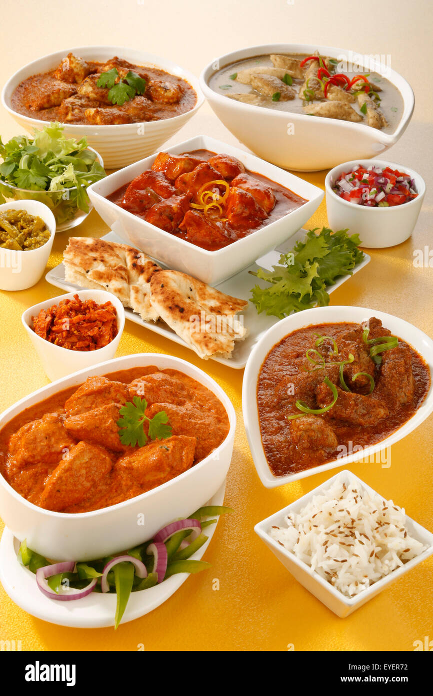 SELECTION OF INDIAN CURRY DISHES Stock Photo