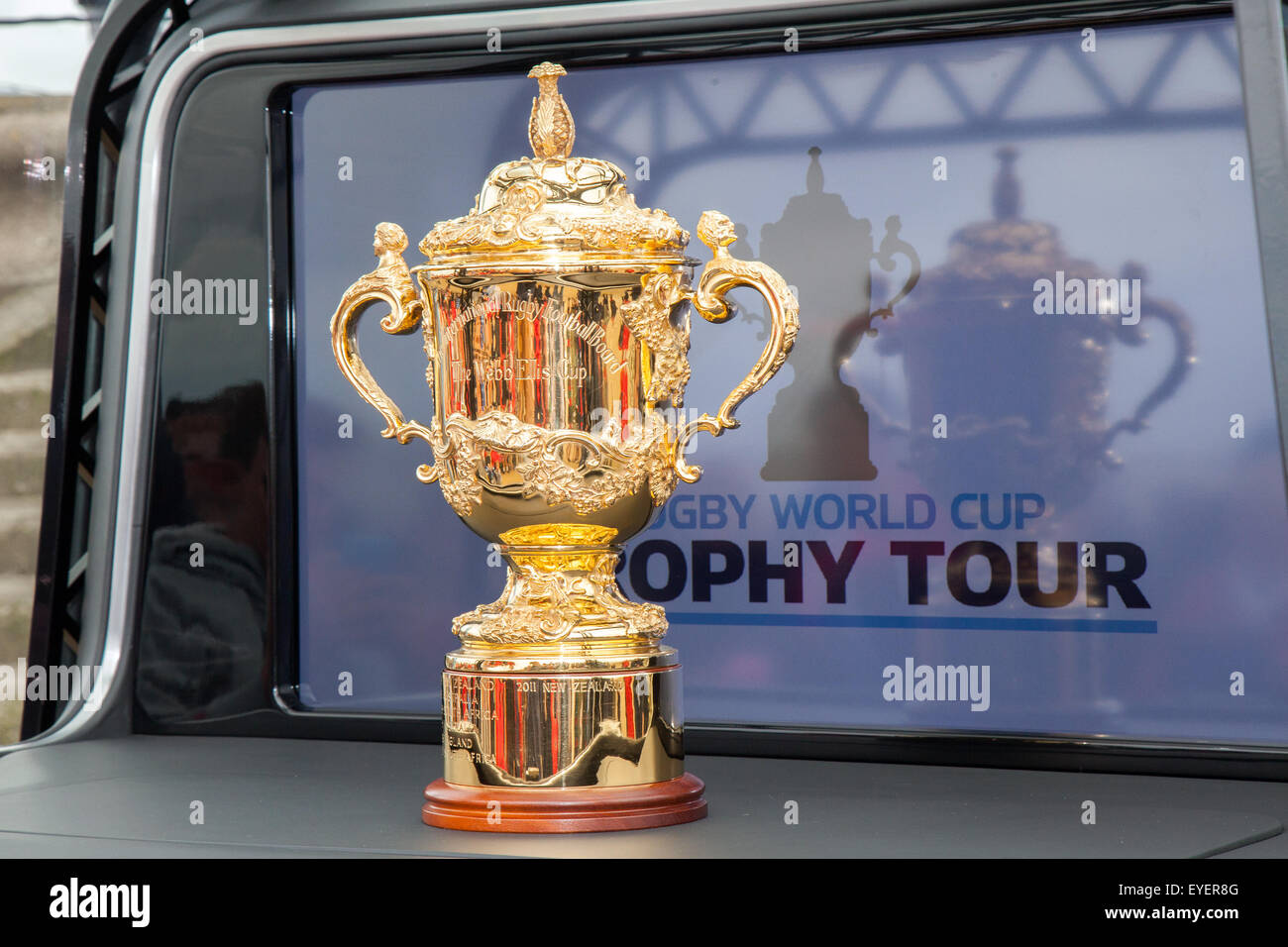 Rugby World Cup Trophy Tour in Crosby, Liverpool. Merseyside, UK.  28th July, 2015.  The Webb Ellis Cup was displayed on Crosby Beach and at Liverpool St Helens Rugby Club earlier in Windle to mark England's hosting of the tournament later this year. More than 250 local youngsters represented every team in the World Cup as Liverpool St Helens, the oldest open rugby club in the world, hosted  its own mini-tournament to mark the trophy's visit. Stock Photo