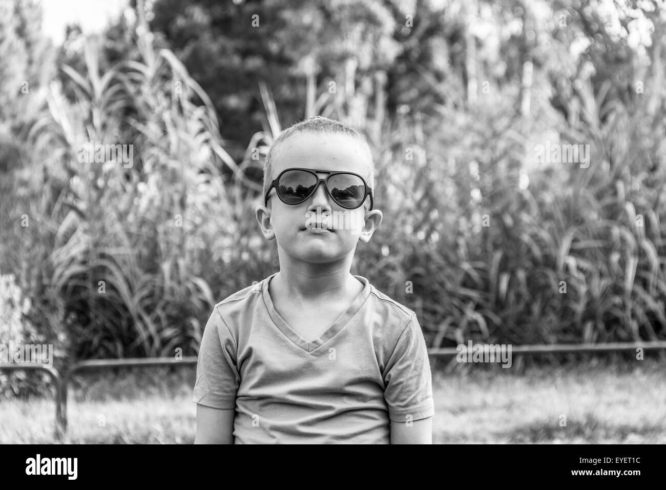 Short Hair Cute Boy Wearing Sunglasses B W Photo Stock Photo