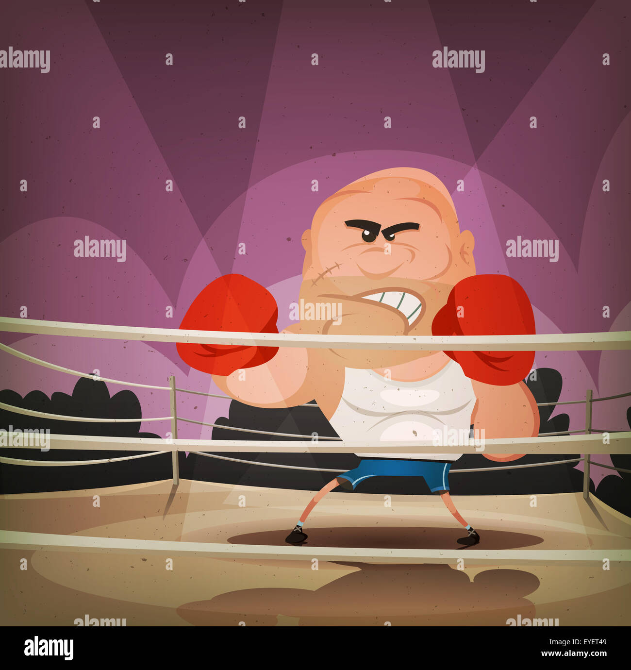 Illustration of a cartoon champion english boxer or fight sports hard-boiled character, challenging on the ring with crowd Stock Photo