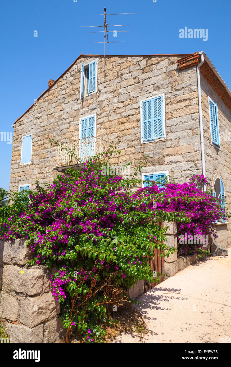 Old stone living house facade, Figari town, Corsica island, France Stock Photo