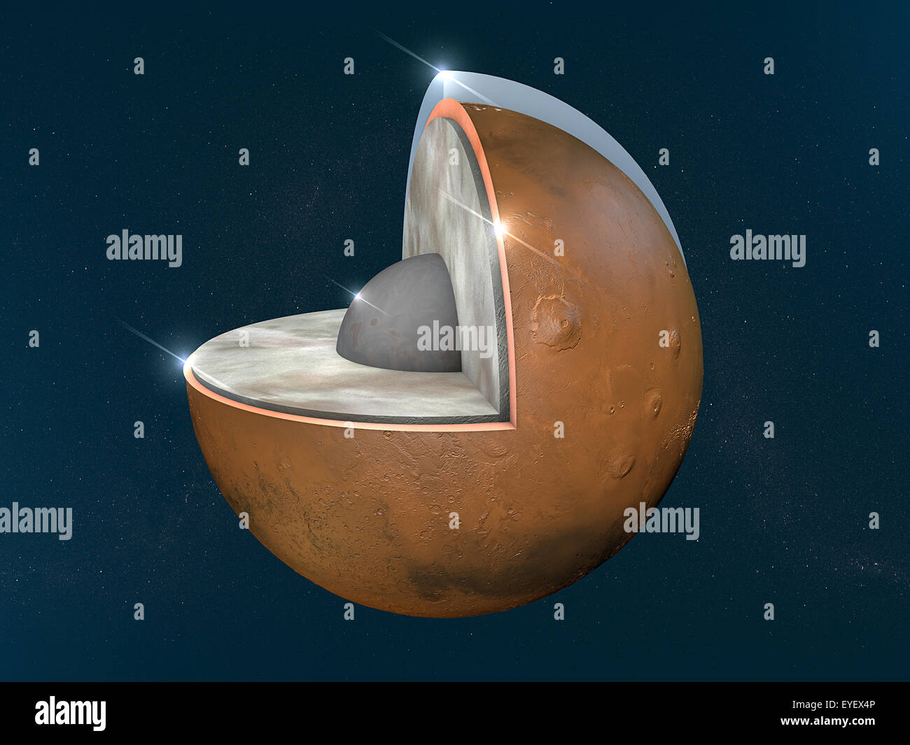 Illustration of Mars structure with layers on black background Stock Photo