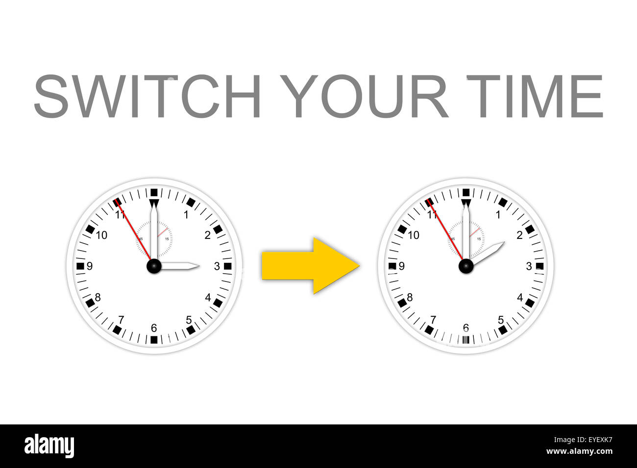 Illustration of two watches for change daylight saving time and text