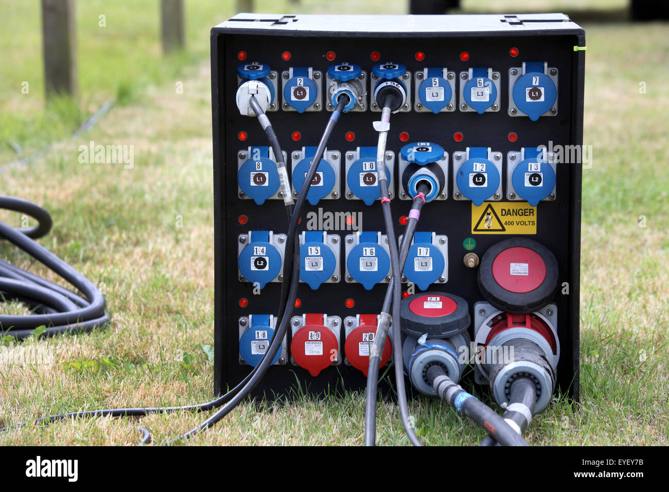 Outdoors electricity power management junction box at an outdoor event Stock Photo