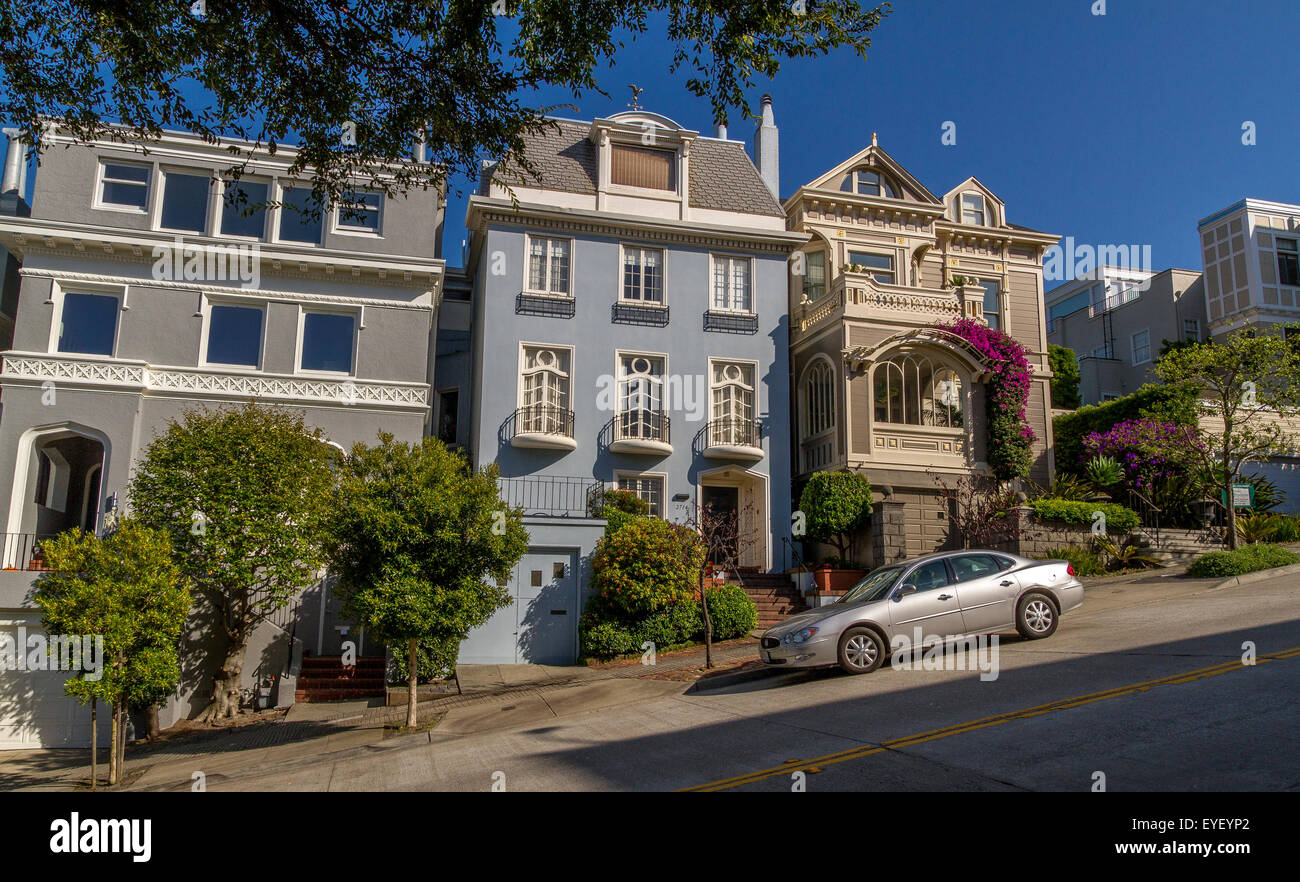 Houses on Divisadero St on a steep incline, in the affluent Pacific Heights area of San Francisco ,California ,USA Stock Photo