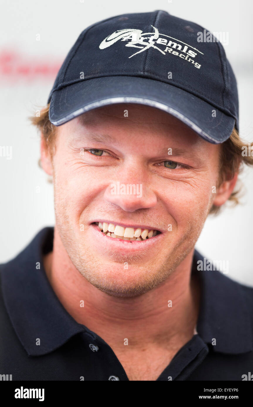 Nathan Outteridge of the Artemis Racing team reacts to questions from the media in Portsmouth at the start of the America's Cup  Stock Photo