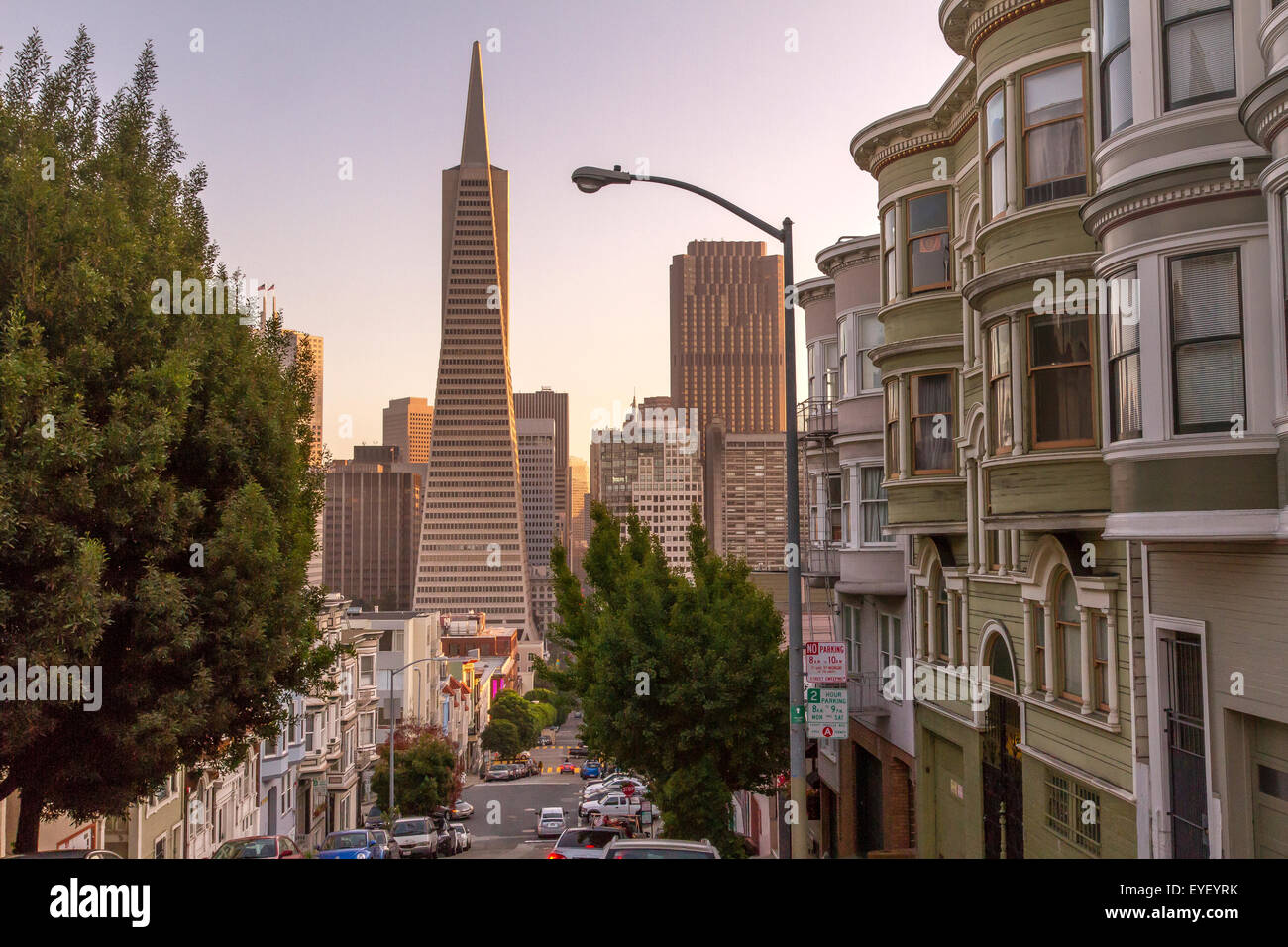 The Transamerica building and The Financial District  from Kearny Street, San Francisco, California, Stock Photo