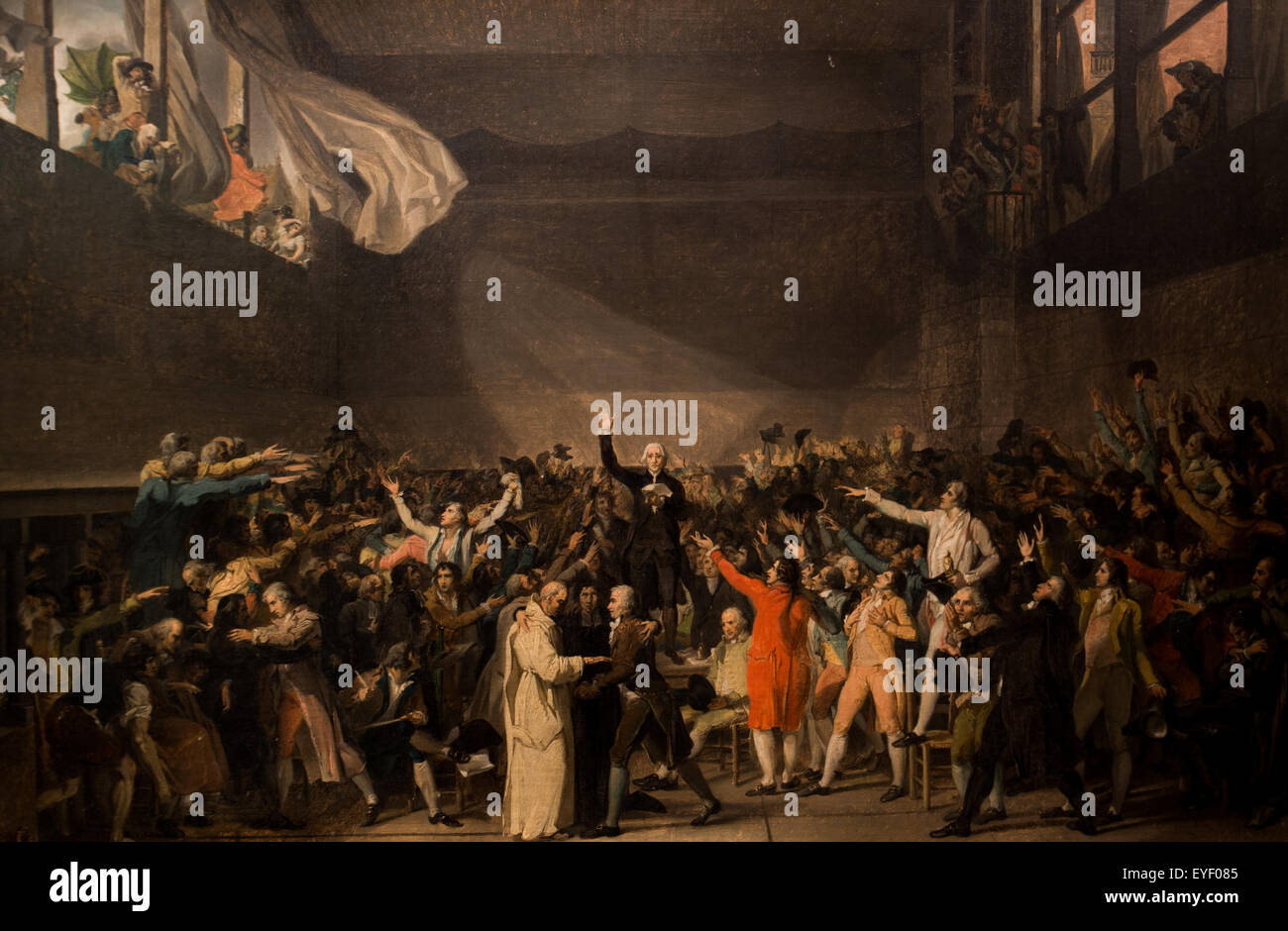 The Tennis Court Oath, June 20th 1789 The deputy of middle class, reunited as an national assembly around Bally, in the tennis court oath in Versailles. David was charged by the Constitution to commemorate the event. HIs big canvas stayed at the preparato Stock Photo