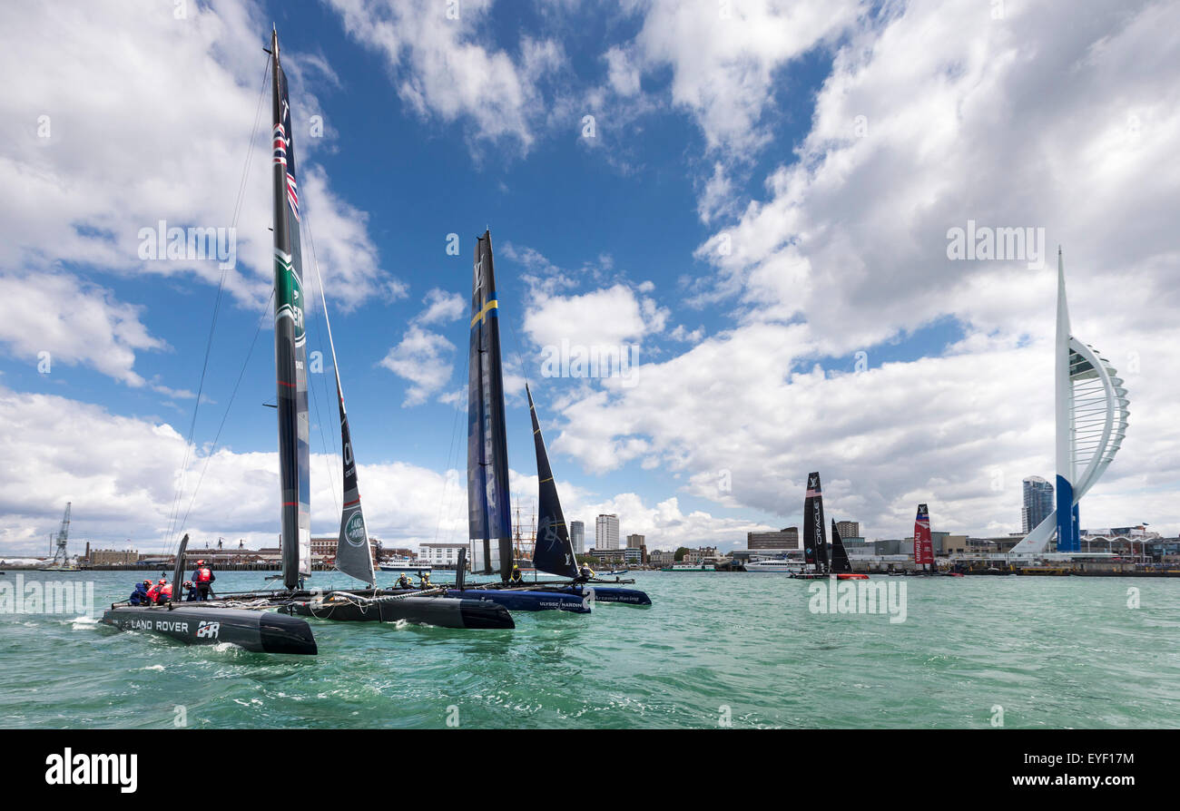 The AC45 foiling catamarans of (left to right) Land Rover BAR, Artemis Racing, Oracle Team USA and Emirates Team New Stock Photo