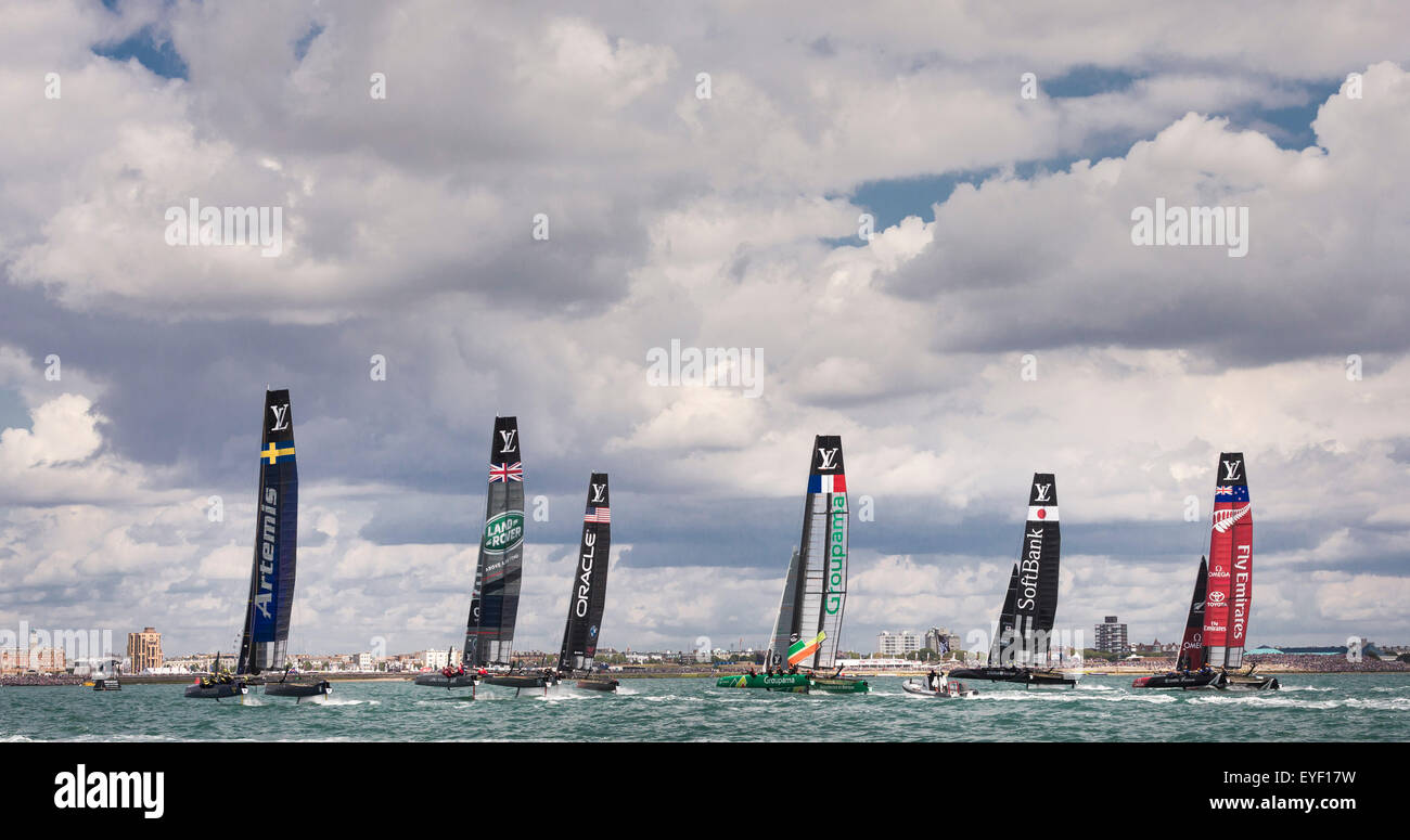 The fleet of six AC45 catamaran's head away from the start during the first day's competition in the America's Cup Wo Stock Photo