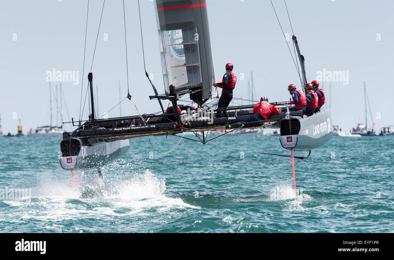 Sir Ben Ainslie racing his AC45 foiling catamaran on the Solent near Portsmouth during the first race for the America Stock Photo