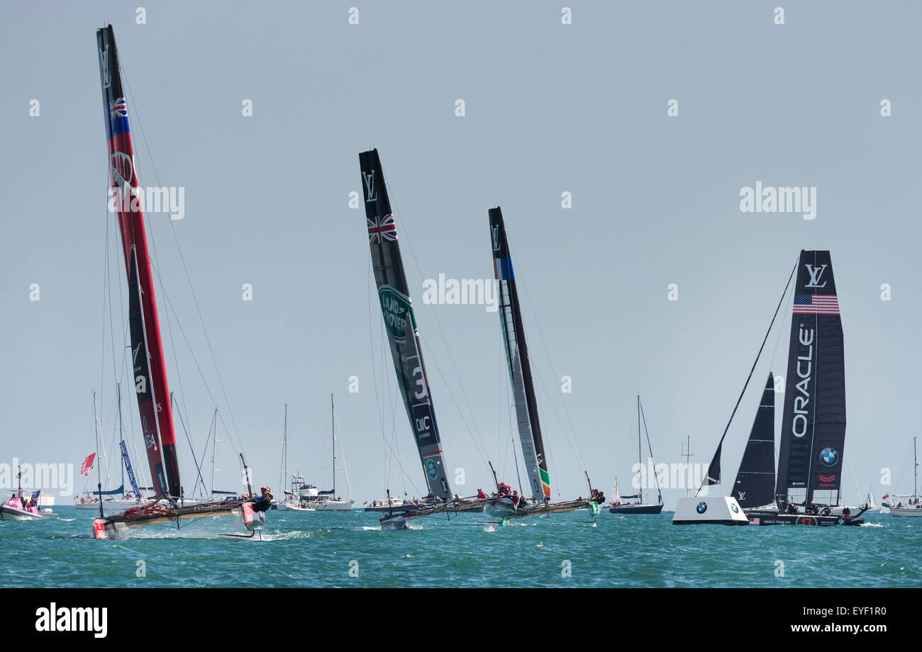 The AC45 foiling catamarans of (left to right) Emirates Team New Zealand, Land Rover BAR, Groupama Team France and Or Stock Photo