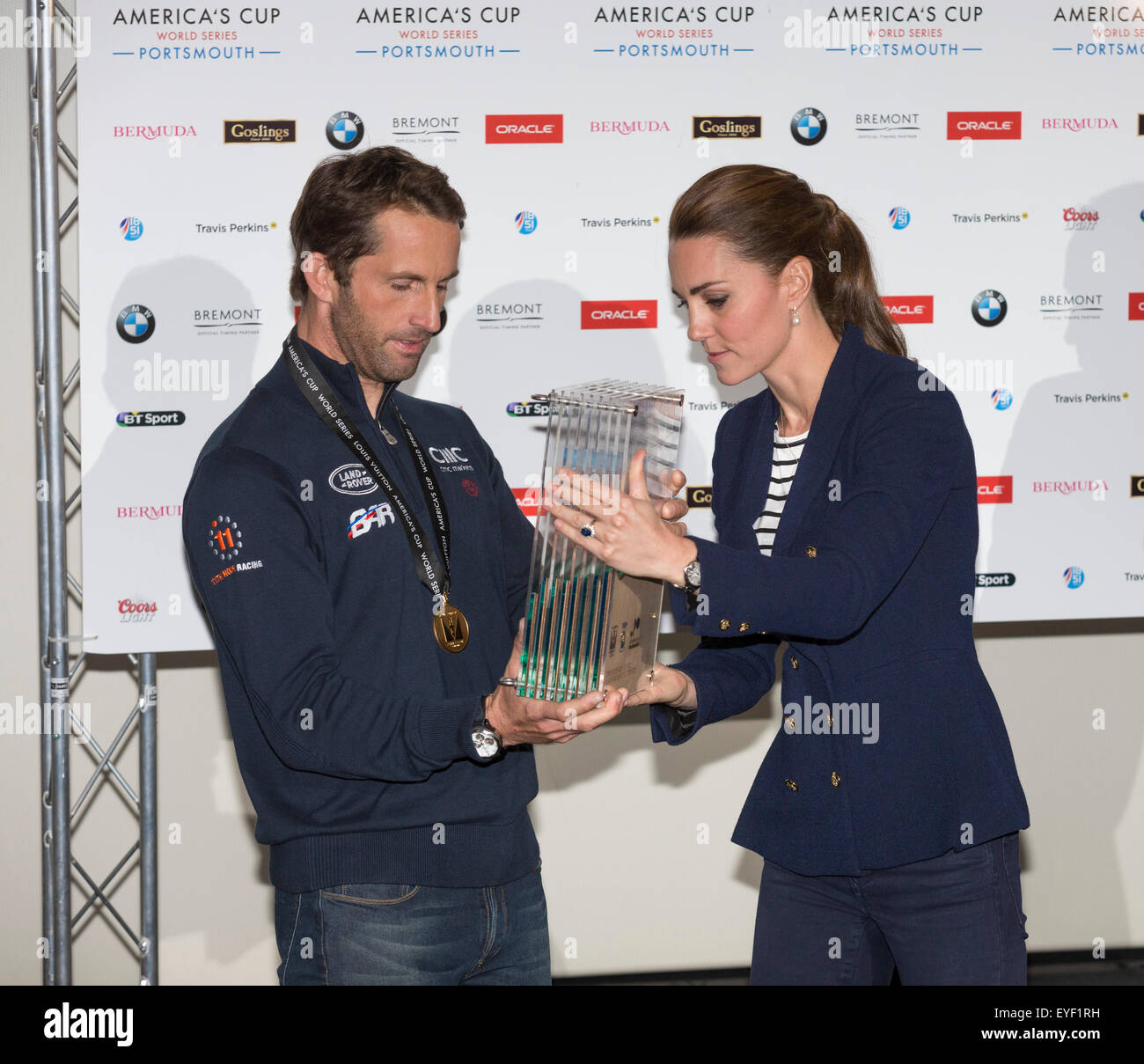 The Duchess of Cambridge presents the America's Cup World Series trophy to Sir Ben Ainslie in Portsmouth. Stock Photo