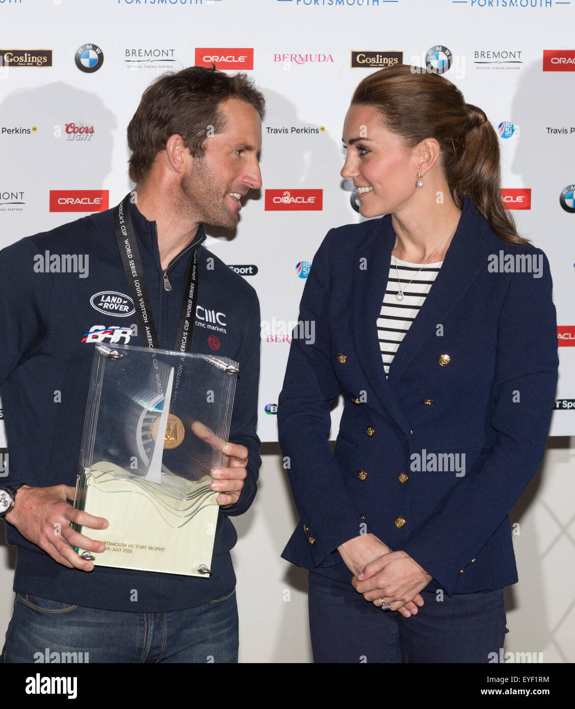 The Duchess of Cambridge presents the America's Cup World Series trophy to Sir Ben Ainslie in Portsmouth. Stock Photo