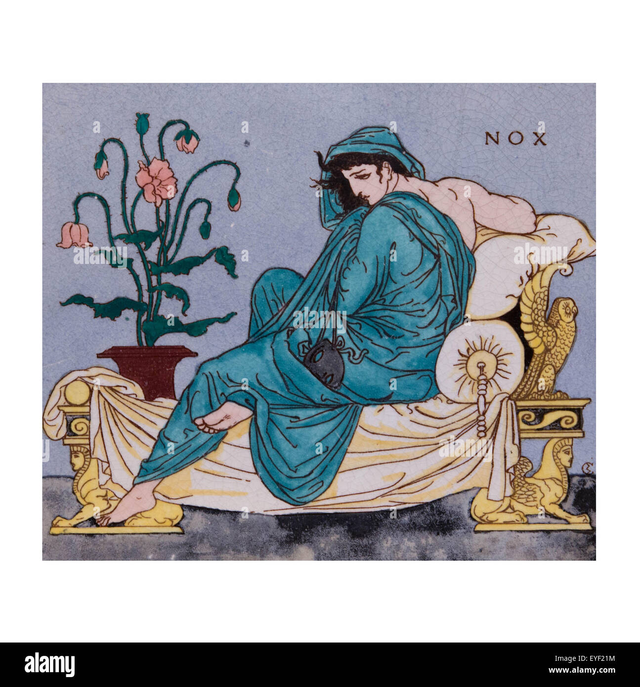 Earthenware tile depicting night. Printed and hand-painted. Designed by Walter Crane and made by maw Et Co, Broseley, Shropshire for the Paris Exhibition of 1878 21/01/2014 - 19th century Collection Stock Photo