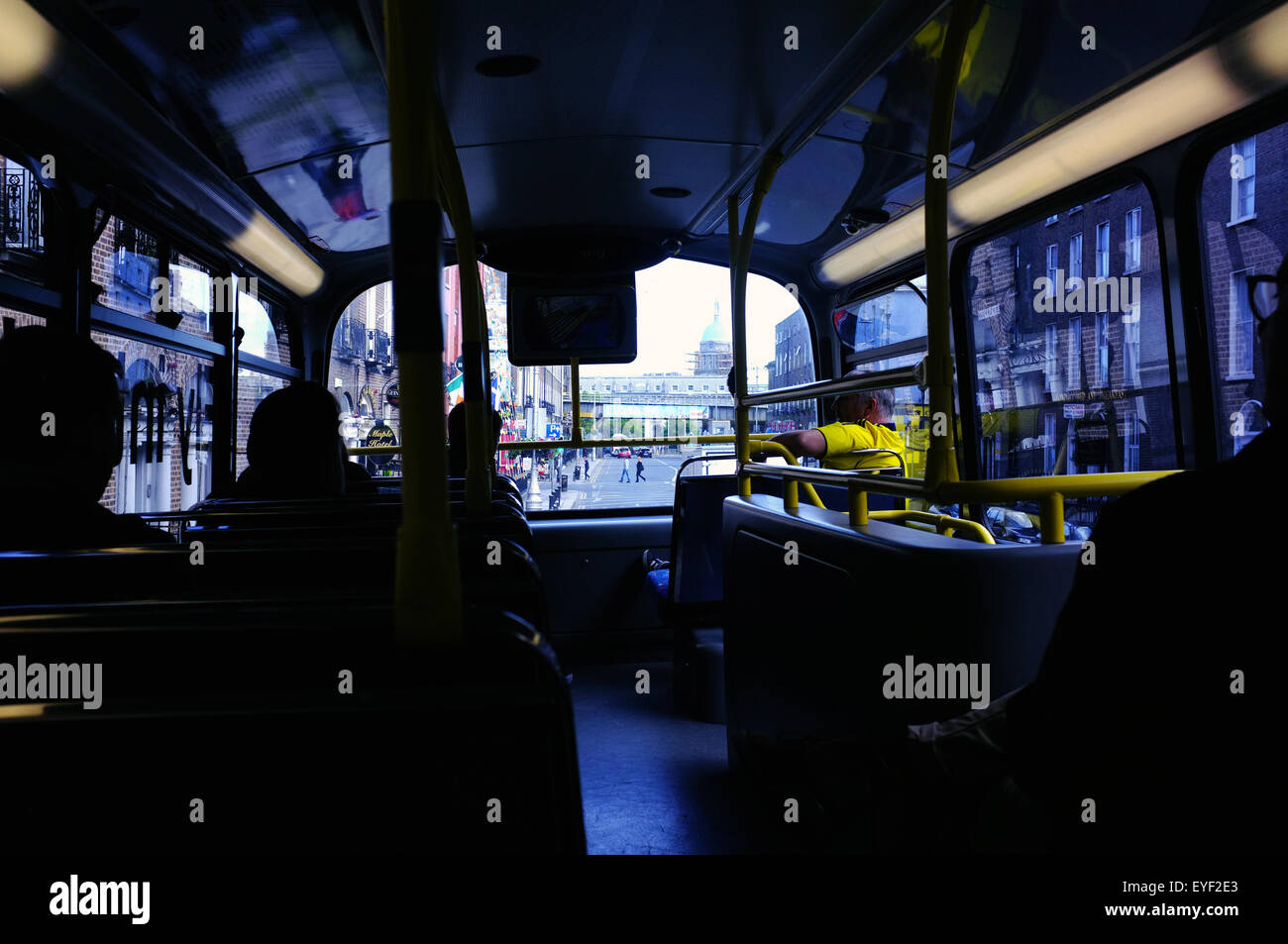 The view inside the top deck of a double decker bus in Dublin, Ireland. Stock Photo