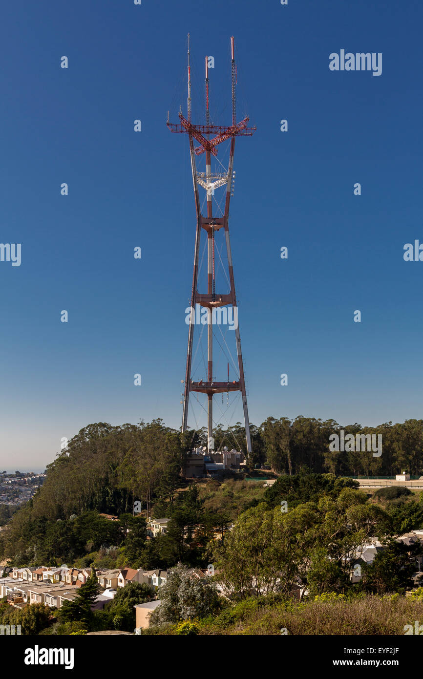 Sutro Tower ,a three-pronged TV and radio antenna tower on top of a hill at Twin Peaks, San Francisco ,California Stock Photo