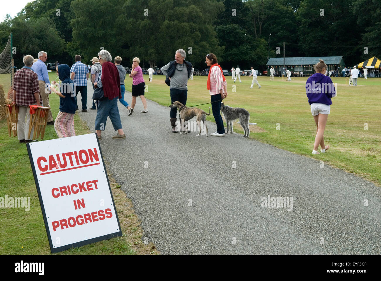 Family life in Britain, village cricket game in progress, spectators chatting. Sussex Uk  2015 2010s HOMER SYKES Stock Photo
