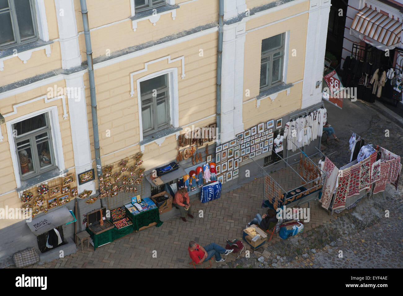 Arts and crafts for sale at market stalls on Andriyivsky uzviz (St