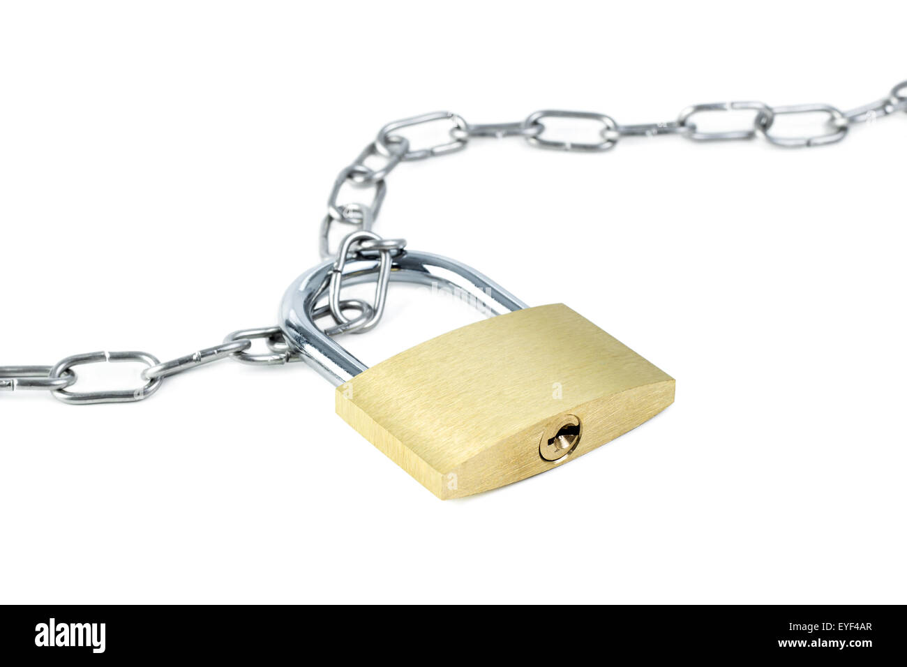 Metal chain and a locked padlock showing keyhole, isolated on white