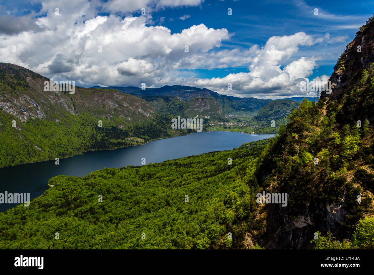 Beautiful view of Julian alps, lake, sky and nature in Triglav National Park, Bohinj, Slovenia Stock Photo