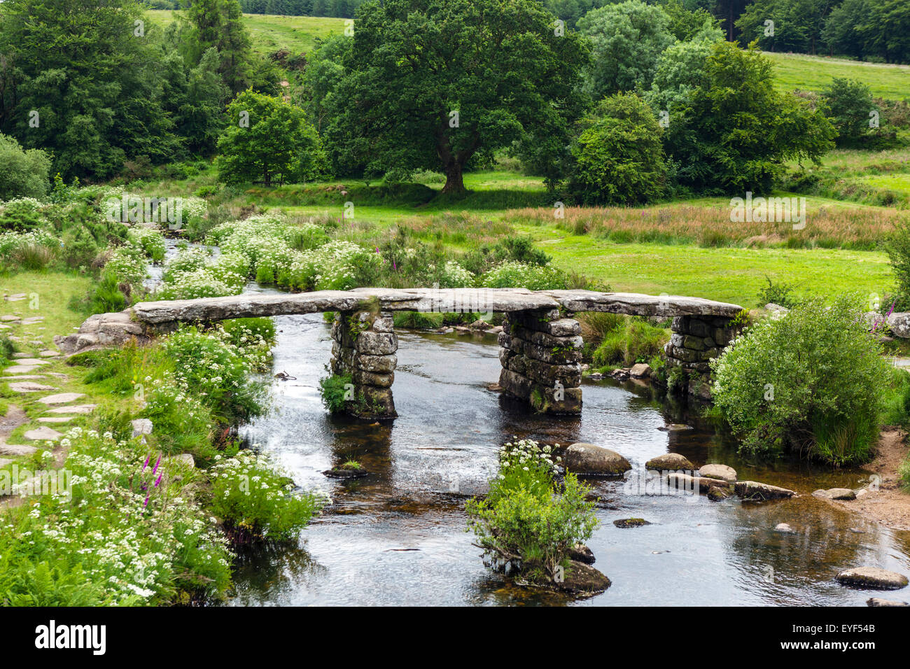 The historic clapper bridge over the East Dart River in Postbridge, Dartmoor, Devon, England, UK Stock Photo