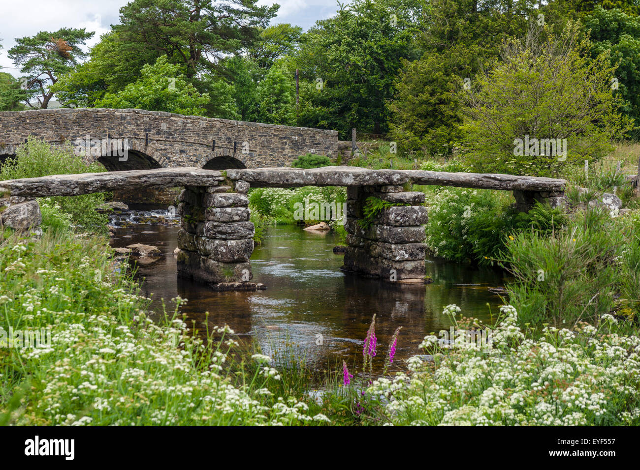 The historic clapper bridge over the East Dart River in Postbridge, Dartmoor, Devon, England, UK Stock Photo