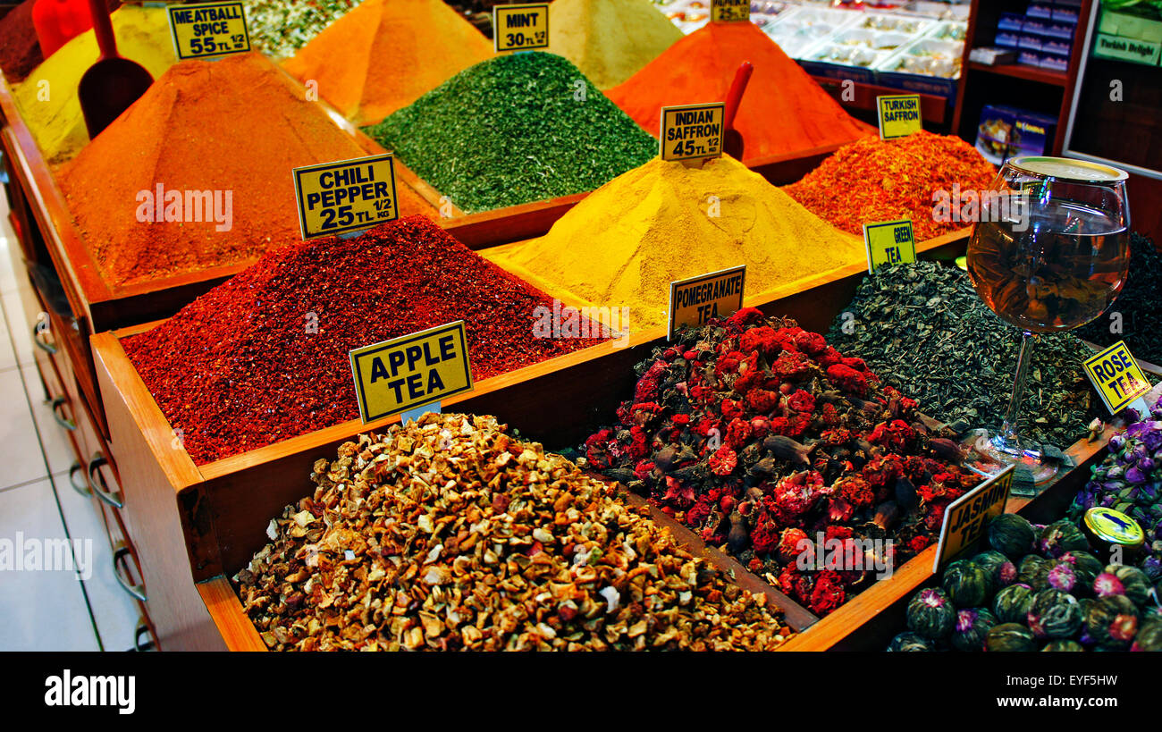 Dried fruits in Spice Bazaar, Istanbul, Turkey urkish and Arabian spices at market in Istanbul Stock Photo