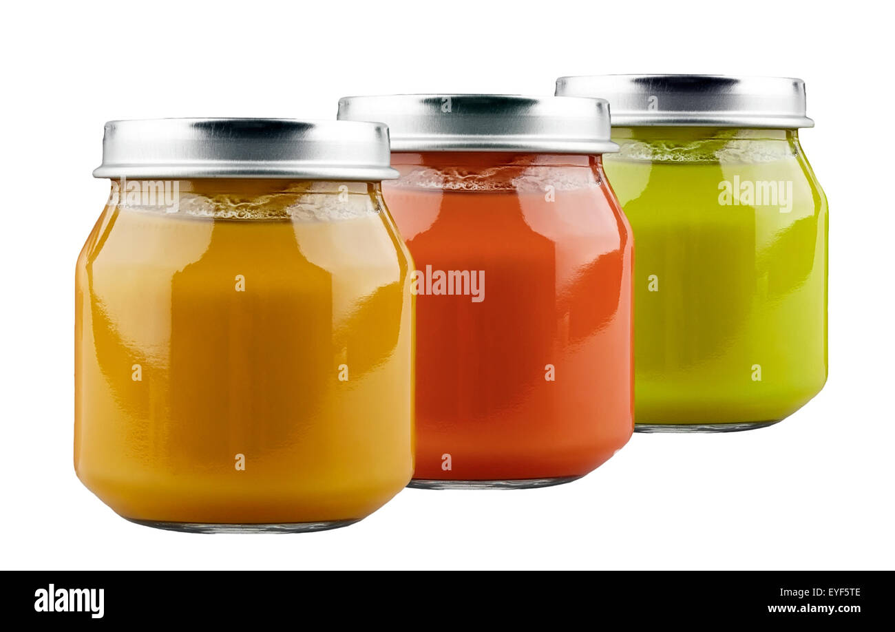 Three jars of baby food on white background Stock Photo - Alamy