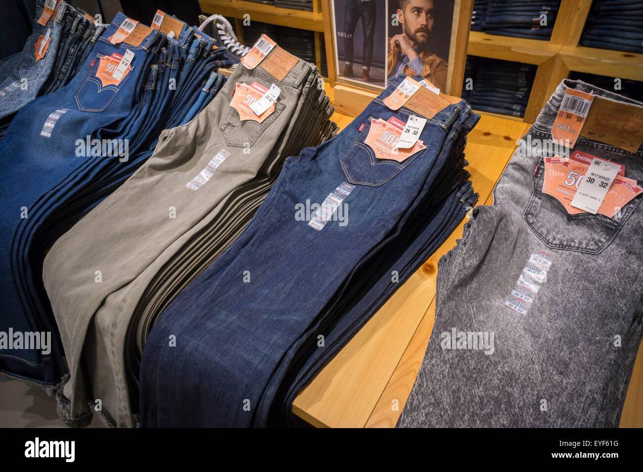 Men's 501 jeans in a Levi's store in Herald Square in New York on Friday,  July 24, 2015. The rise in athleisure wear has hurt the denim industry as  women eschew skinny