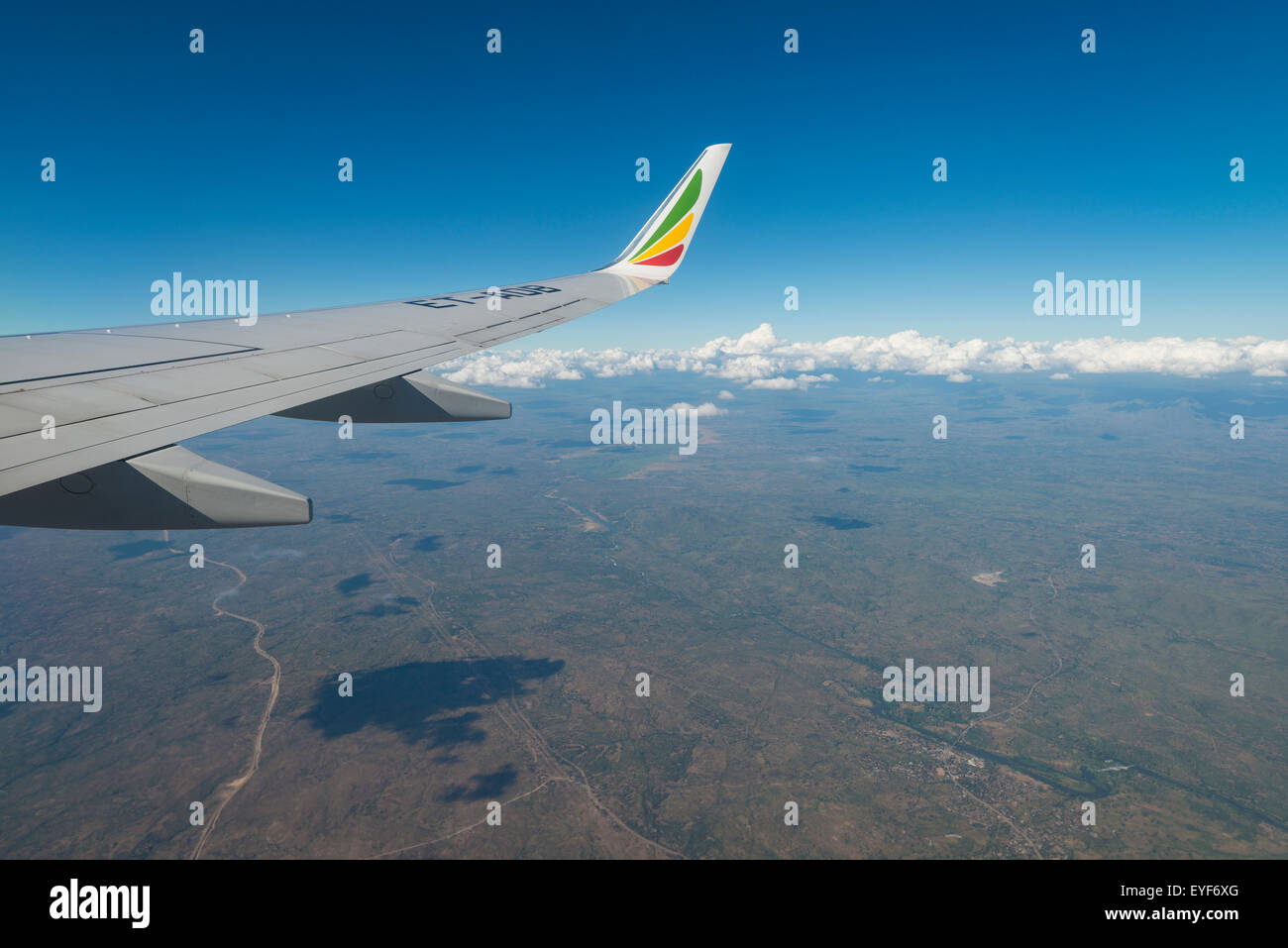 Looking out window of Ethiopian Airlines Boeing 737 flying across Malawi; Malawi Stock Photo