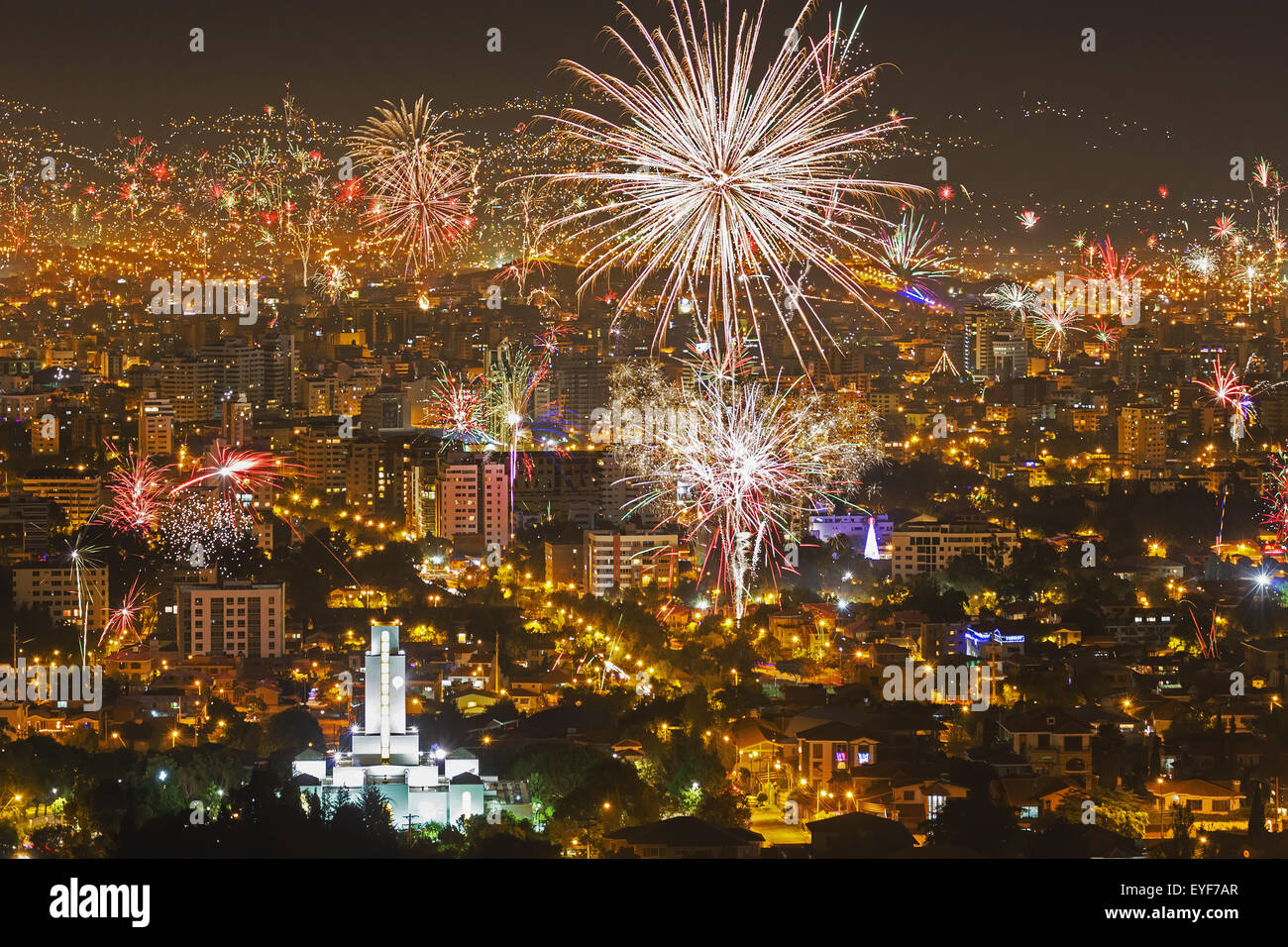 New Years Eve fireworks display; Cochabamba, Bolivia Stock Photo