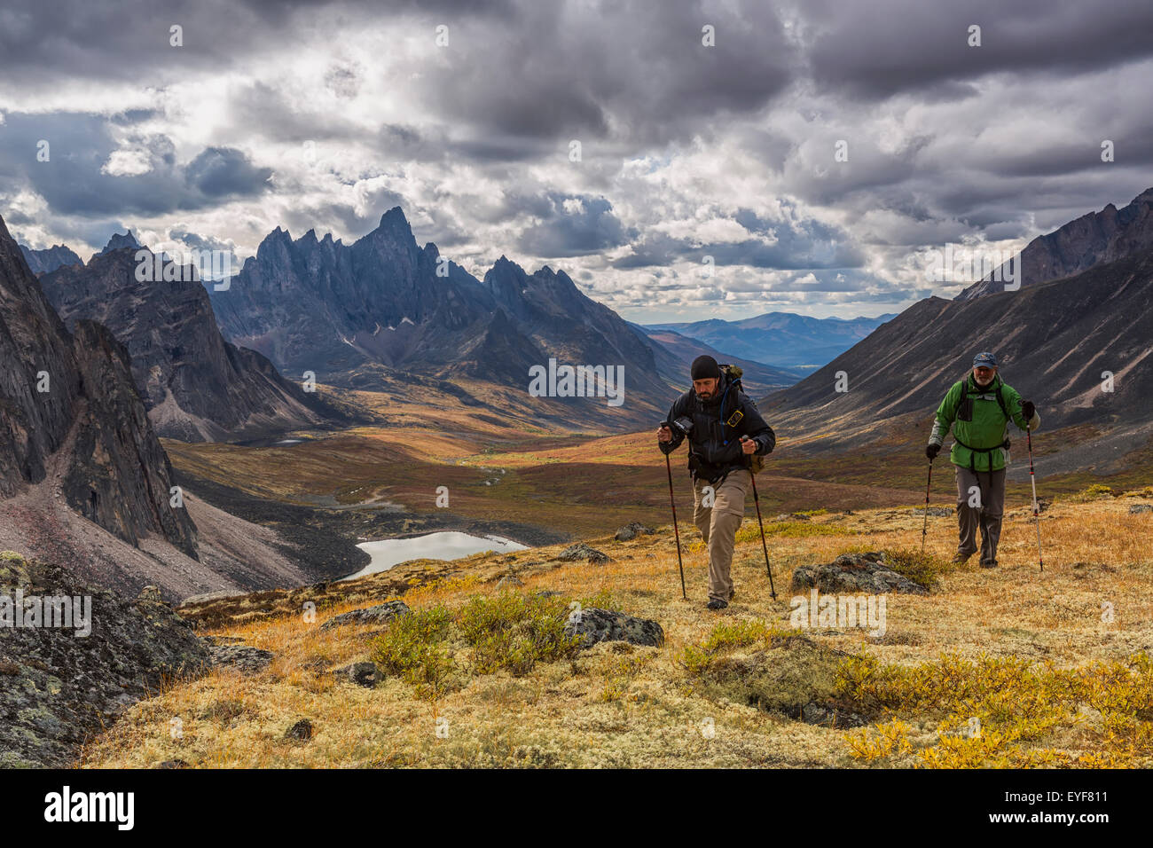 Man,Canada,Hiking,Valley,Tombstone Mountain Stock Photo