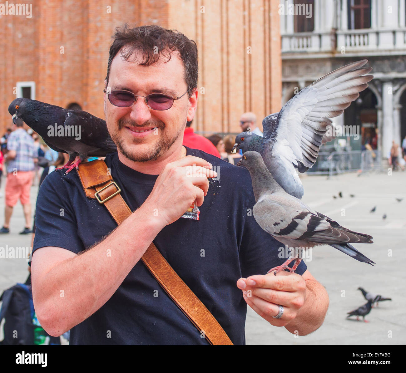 A man feeds the pigeons in Piazza San Marco; Venice, Italy Stock Photo