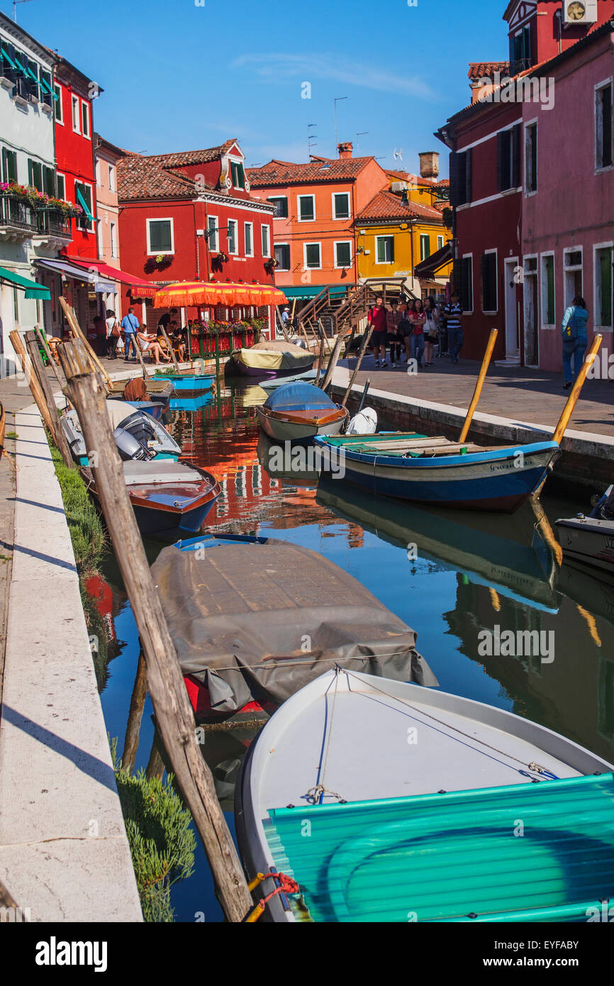 A view of one of the many of narrow canals on Burano Island, the famous lace-making district; Venice, Italy Stock Photo