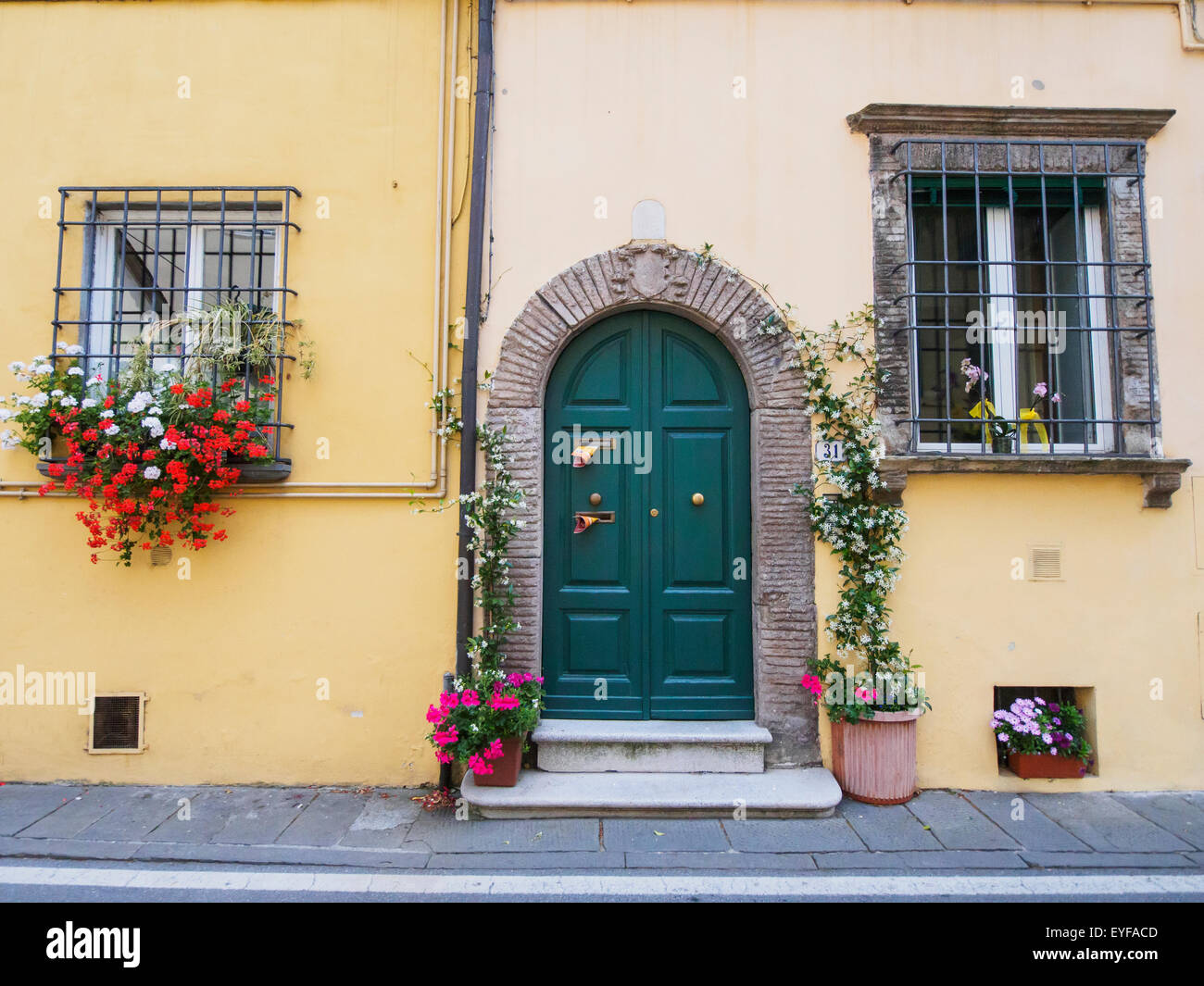 Decorated windows and doors with flowers and vines in springtime; Lucca, Italy Stock Photo