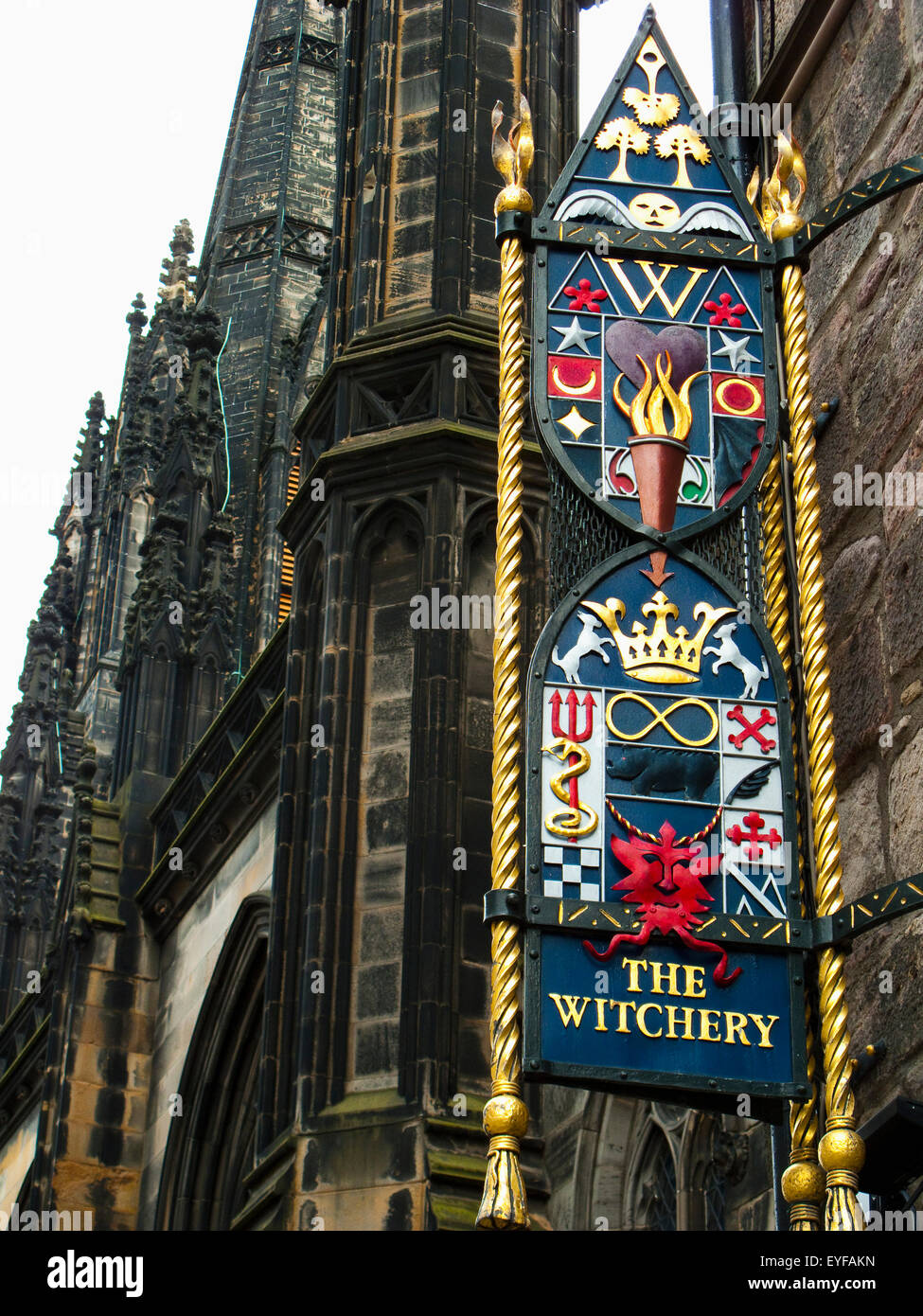 UK, Scotland, Medieval looking sign for Witchery restaurant at Castle Hill; Edinburgh Stock Photo