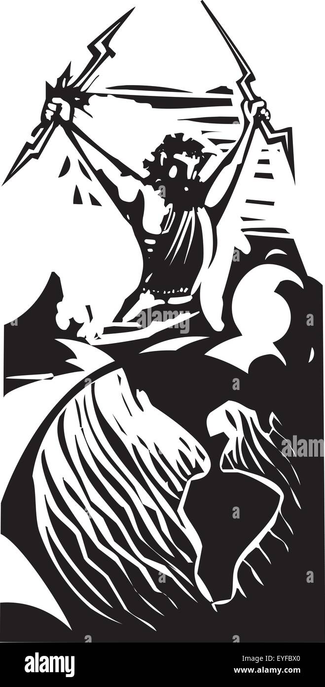 Woodcut style image of the Greek Olympian God Zeus over a globe of the Earth. Stock Vector