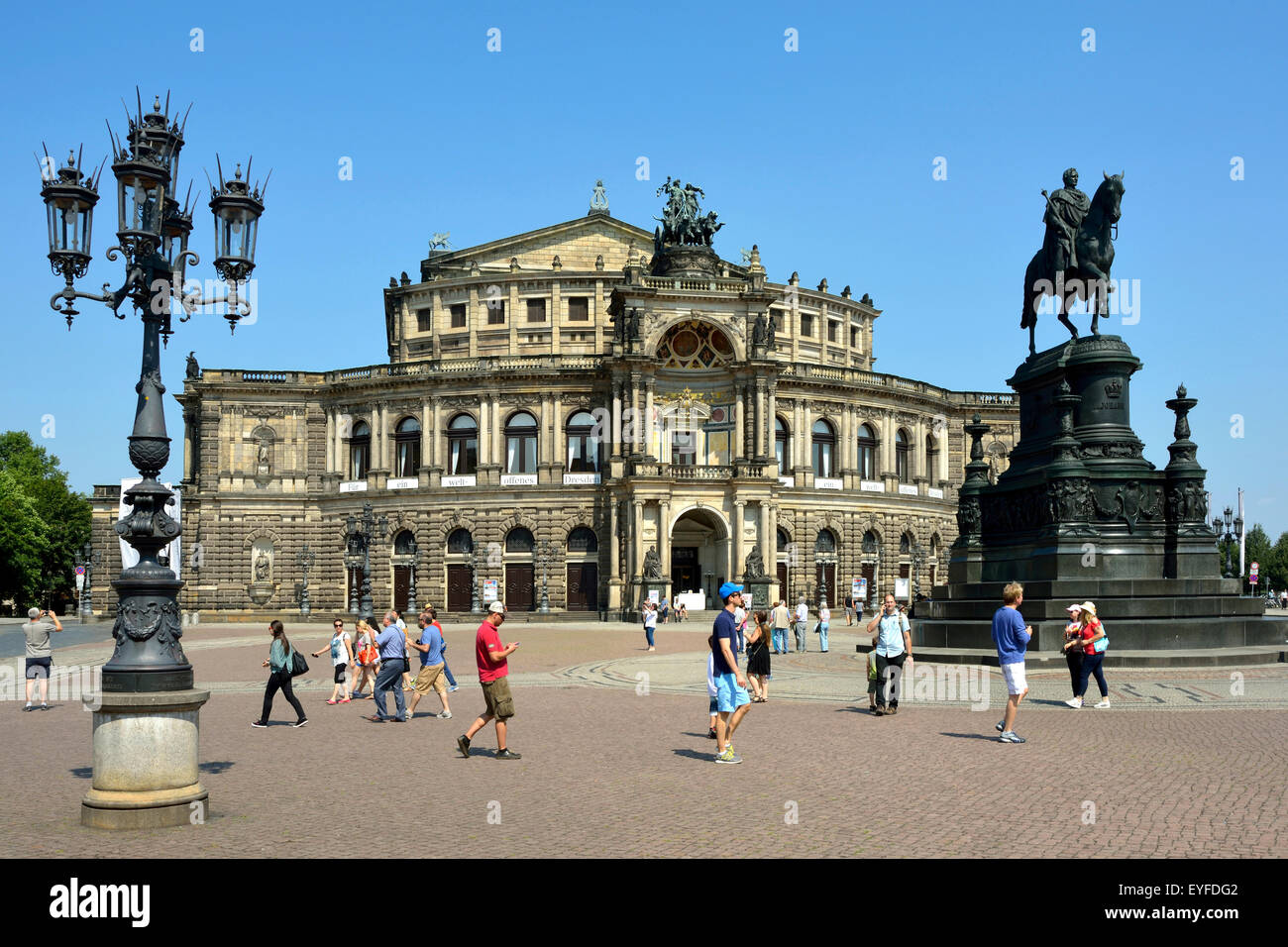 Opera House Semperoper with the Monument to Johann Koenig on the Theatre Square in Dresden. Stock Photo