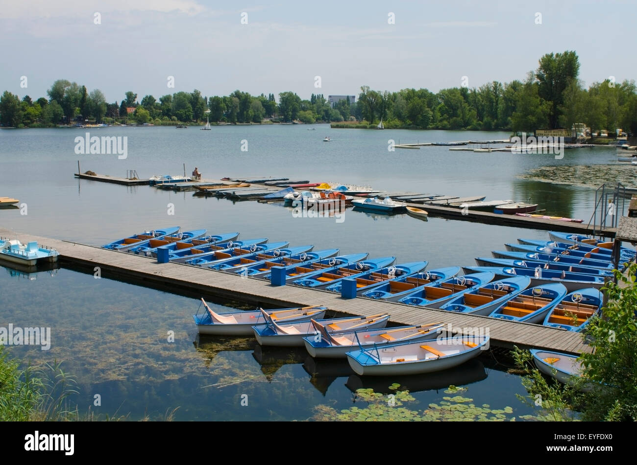 Austria, Boats for hire moored on pier at Alte Donau with view of river; Vienna Stock Photo