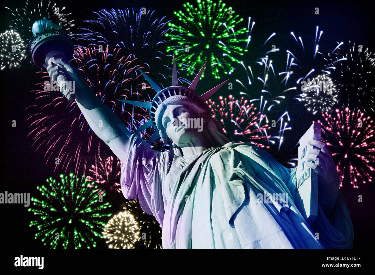 USA, New York City, Statue of liberty and firework display Stock Photo