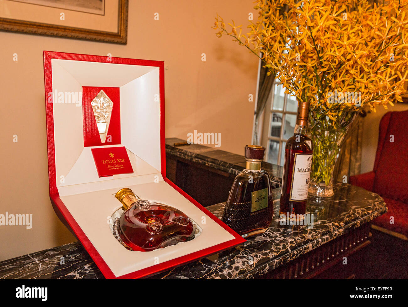 $3,000 bottle of Remy Martin Louis XIII cognac, available in the $10,000-a-night Raffles Suite at Raffles Hotel Stock Photo